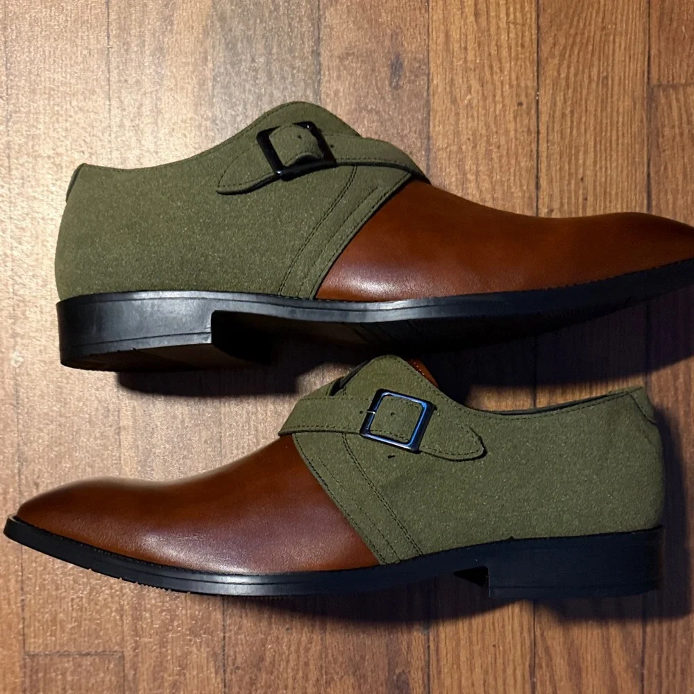 Men's Two-Tone Monk Strap Dress Shoes - Brown & Olive - Picture 3 of 4